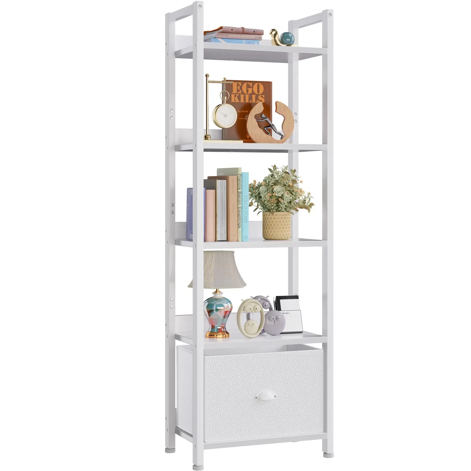 

5 Tier Bookshelf with Drawer, Tall Narrow Bookcase with Shelves, Wood and Metal Book Shelf Storage Organizer, White