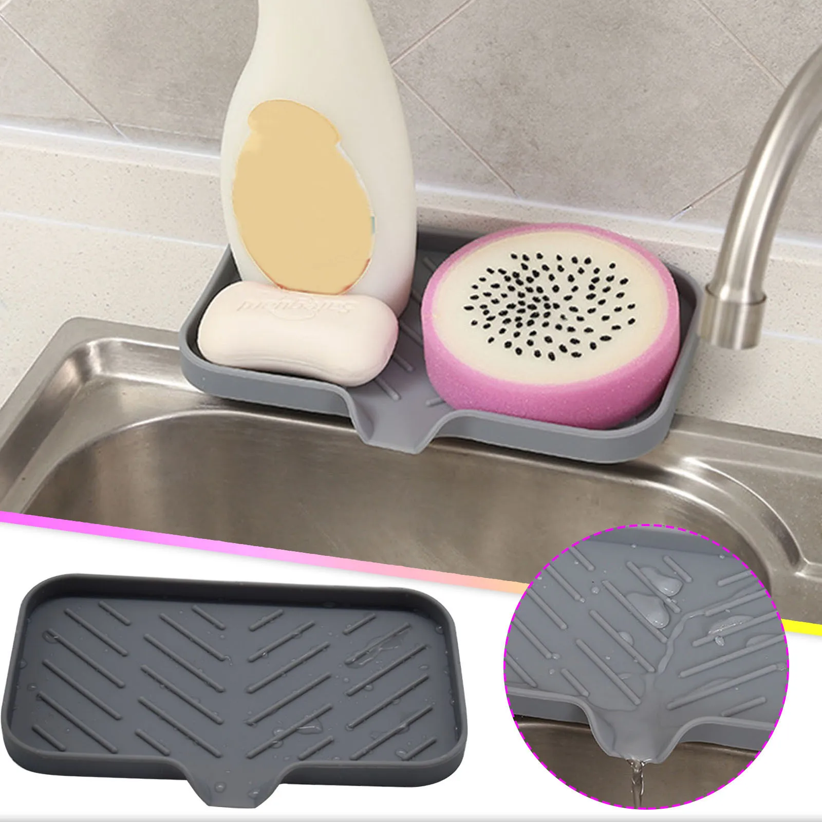 Silicone Kitchen Sink Tray Soap Dish Holder with Built-in Drain Lip  Countertop Sink Scrubber Brush Sponge Bottles Organzer Drain - AliExpress