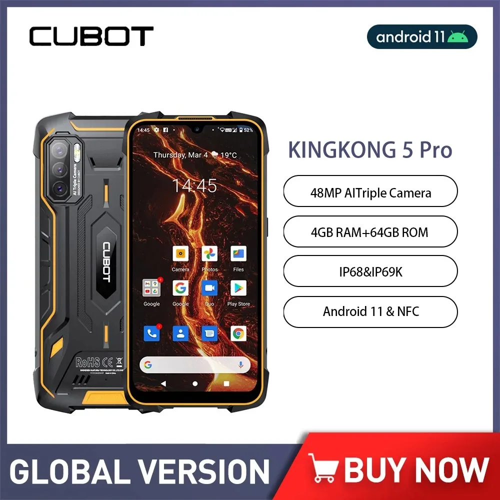 

Cubot KingKong 5 Pro Rugged Phone Android 11 Smartphone 6.088 Inch 4GB+64GB 48MP Triple Camera 8000mAh Cellphone NFC Global 4G