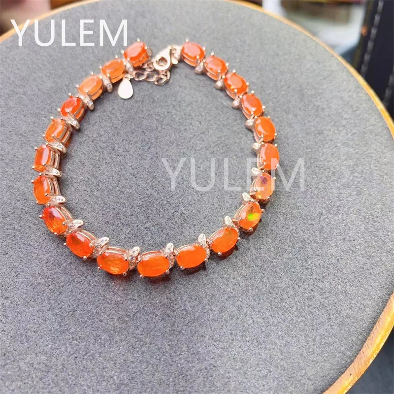 

YULEM Oval 4x6mm Mexican Rare Natural Orange Fire Opal Bracelet Sterling Silver Earth Mined Opal Gemstone