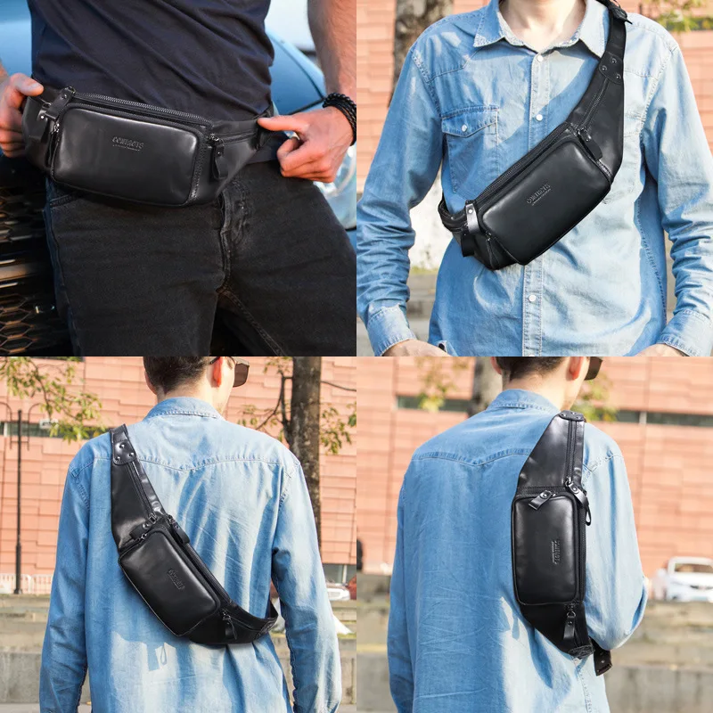 Men's Waist Packs Casual Genuine Cowhide Leather Mobile Phone Pocket Outdoor Unisex Sports Crossbody Chest Bag Adjustable Strap