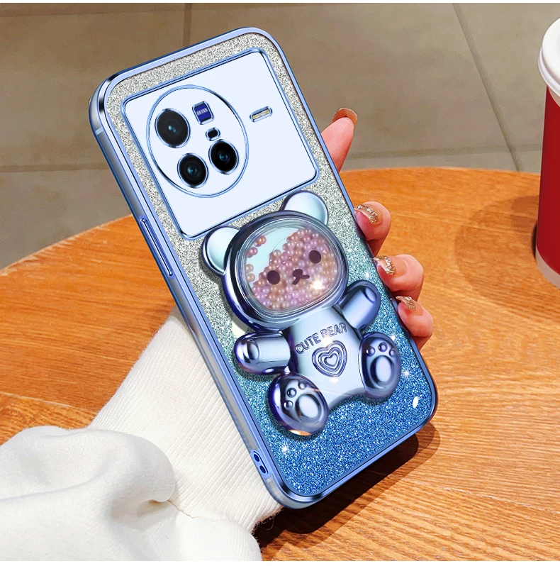 Coque de téléphone avec support à paillettes, ours mouvant, pour X 80, 60, 90, X60, X80, X21, X90, X23, X27, Vivo S7, S17, S16, S15, S12 pro_voghion.com