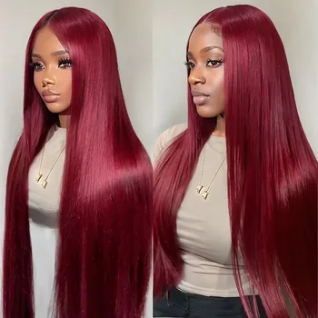 99J Burgundy  Straight Lace Front Human Hair Wigs 13x4 13x6 HD Transparent Full Lace Frontal Wig 200 Density Straight Hair Wigs 1