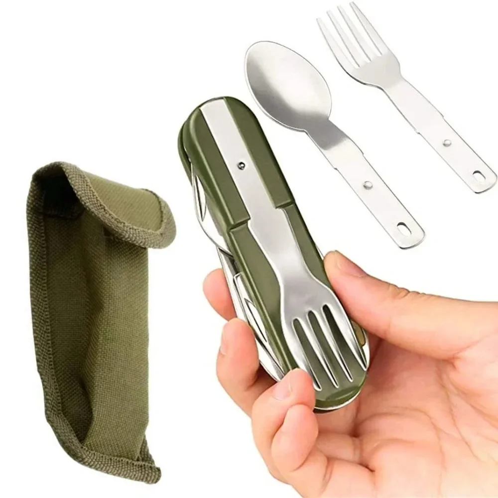 7 In 1 Multifunctional Outdoor Tableware Stainless Steel Foldable Fork Spoon Knife Picnic Camping Hiking Travelling Dinnerware