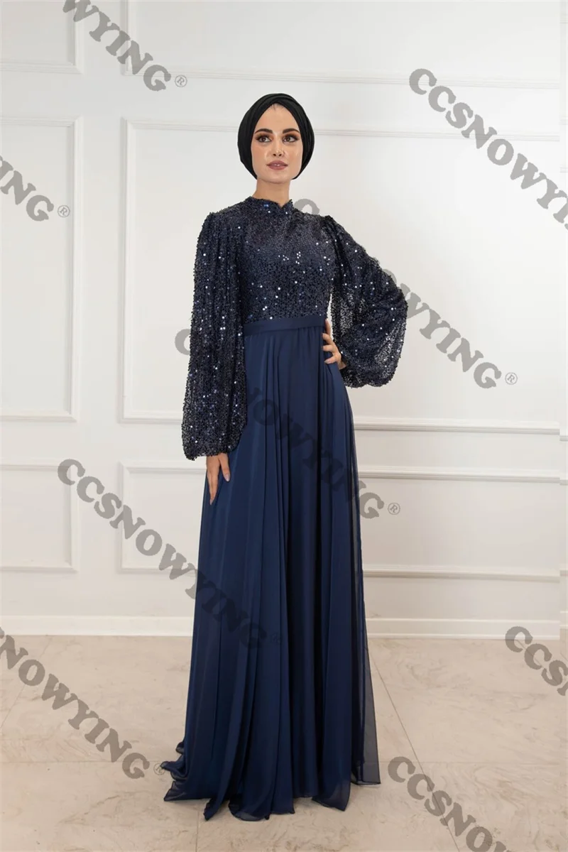 

Sequin Long Sleeve Muslim Evening Dresses Chiffon A Line Islamic Hijab Formal Party Gown High Neck Arabic Dubai Robe De Soiree