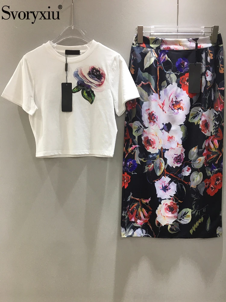 

Svoryxiu Fashion Designer Summer Floral Print Half Skirt Suit Women's O-Neck Short Sleeve T-Shirts+Slim Buttock Covering Skirt