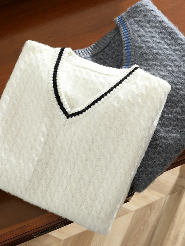 ADDONEE High Quality Men's Cashmere Sweater V-neck Twist Flower Preppy Style Pullover 100% Cashmere Knitwear For Autumn Winter 4