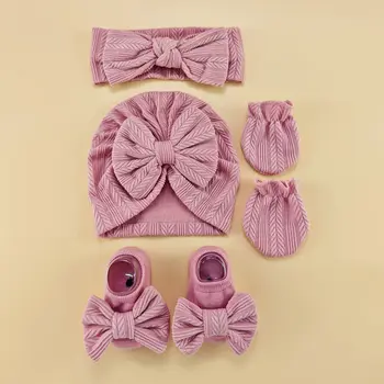 4pcs/set Newborn baby hat with headband gloves socks set Infant Felt Cute Bow Headwraps Baby Gloves Socks 0-6M Beanies 1