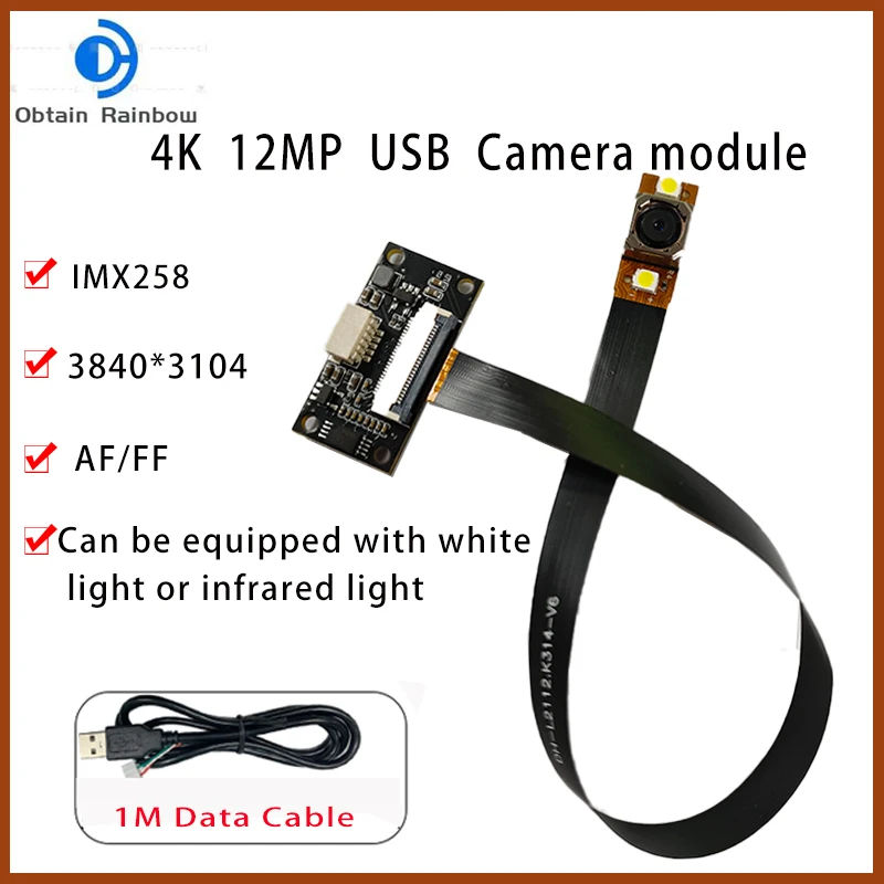Módulo de Câmera de Alta Velocidade com Luz Branca Imx258 3840×2160 4k 12mp Cmos Imx258 af 75 ° Usb2.0 30fps Mjpeg Yuy2