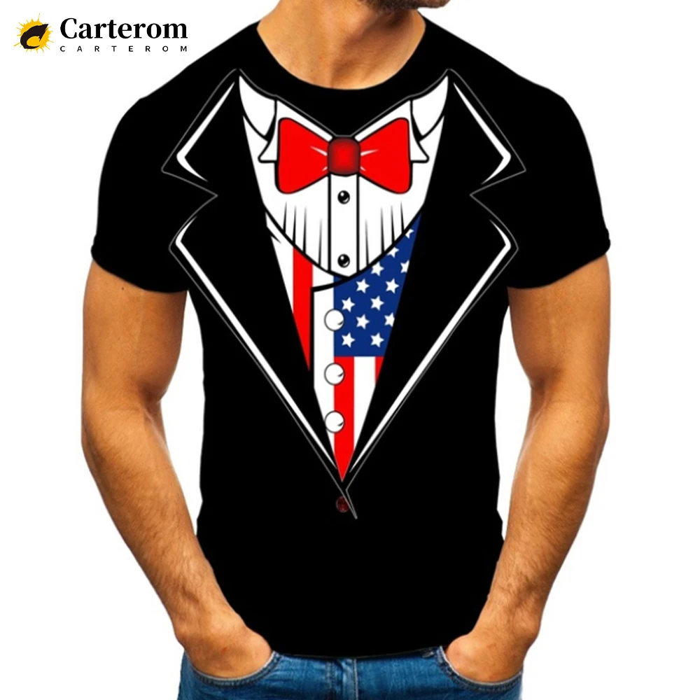 2022 New Funny Fake Suit 3D T-shirt Bow Tie Printed T Shirt Men