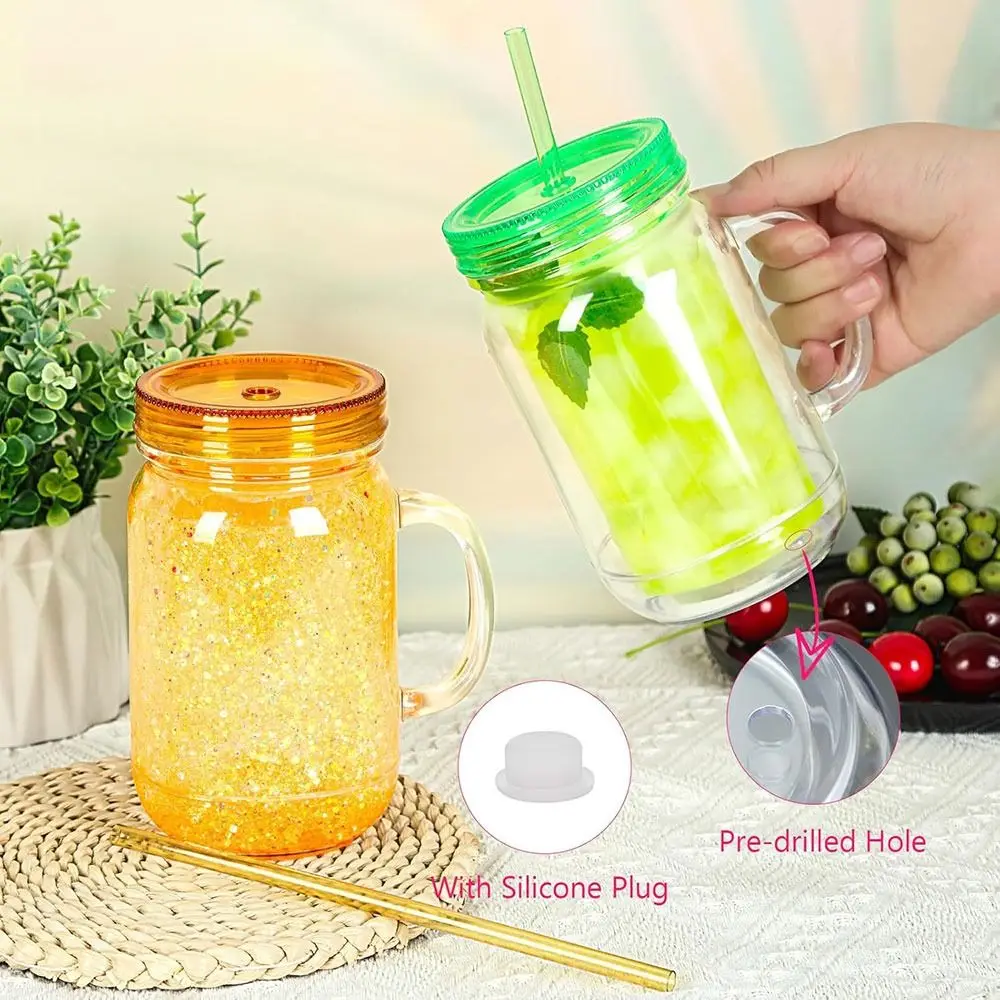 NEW 20 Oz Capacity Snowglobe Tumbler Double Wall Pre Drilled Hole Plastic Mason Jars Clear Snow Globe Cups Party Favors