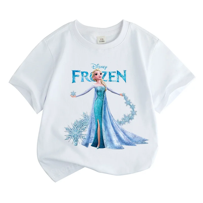 2024 New Design Cartoon Disney Frozen Princess Children 100%Cotton Girl Printed Street Casual Short Sleeve T-Shirt Girls Clothes 2