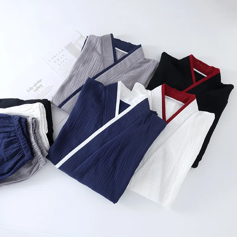 Spring Autumn Japanese Color Blocked Cotton Crepe Kimono Mens Pajamas Set Thin Lace-Up Top + Pants Loose Two-piece Male Homewear pajama sets