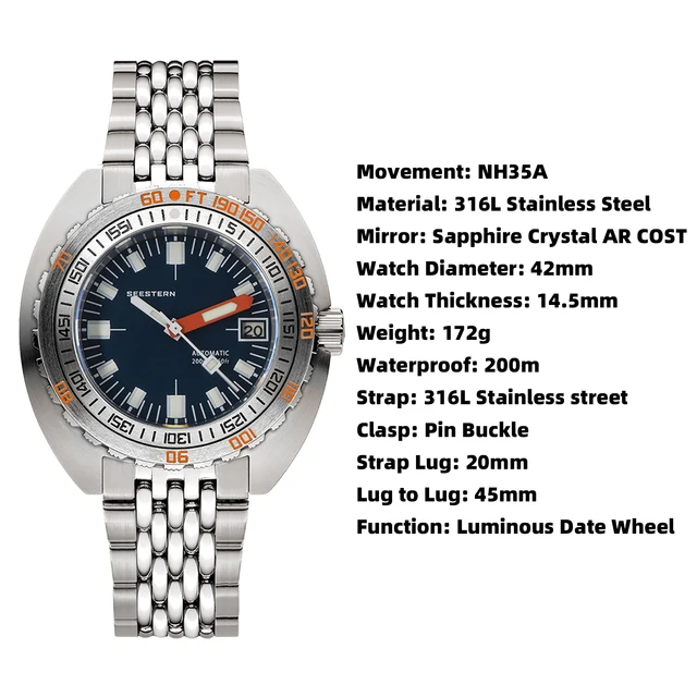 SEESTERN-Reloj de pulsera luminoso para hombre, accesorio de pulsera con giro de 200m y fecha automática, con cristal de zafiro mecánico Retro SUB300T 6