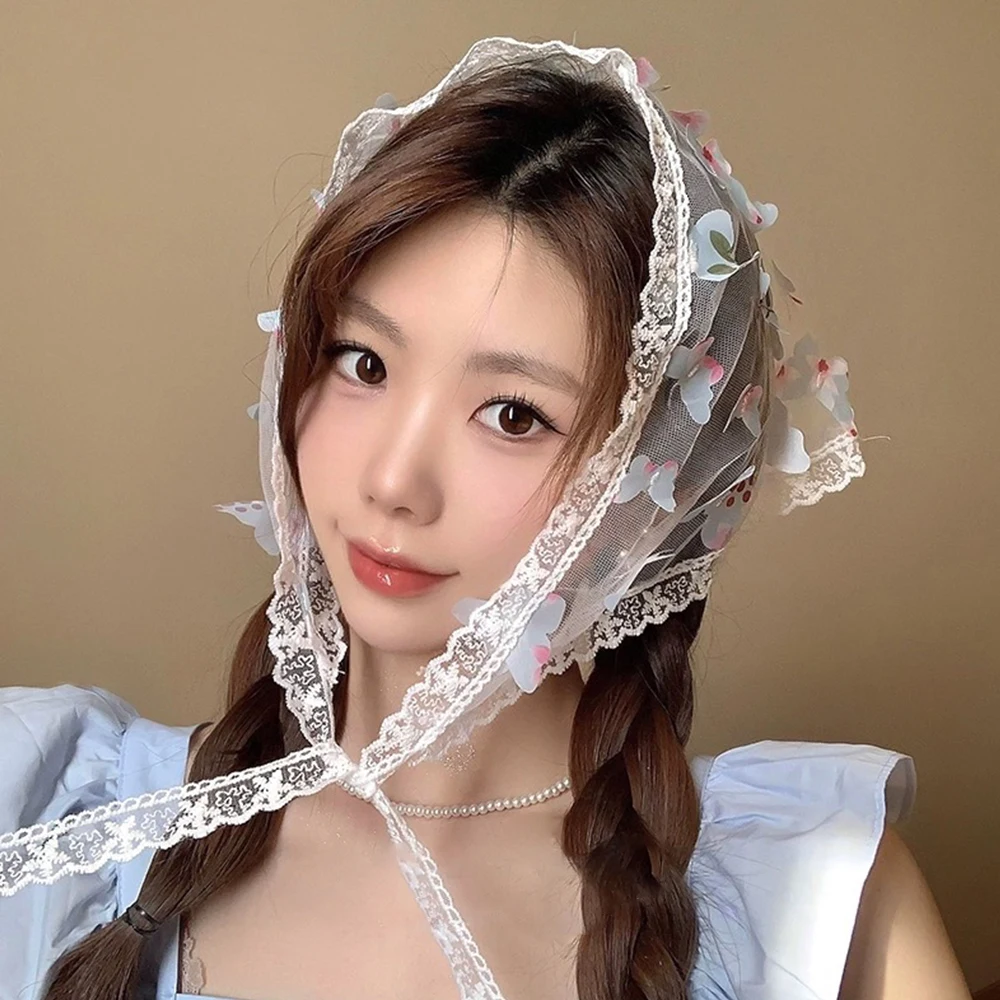 

Женский кружевной винтажный треугольный шарф, однотонный элегантный головной убор в Корейском стиле, Y2K, 2024