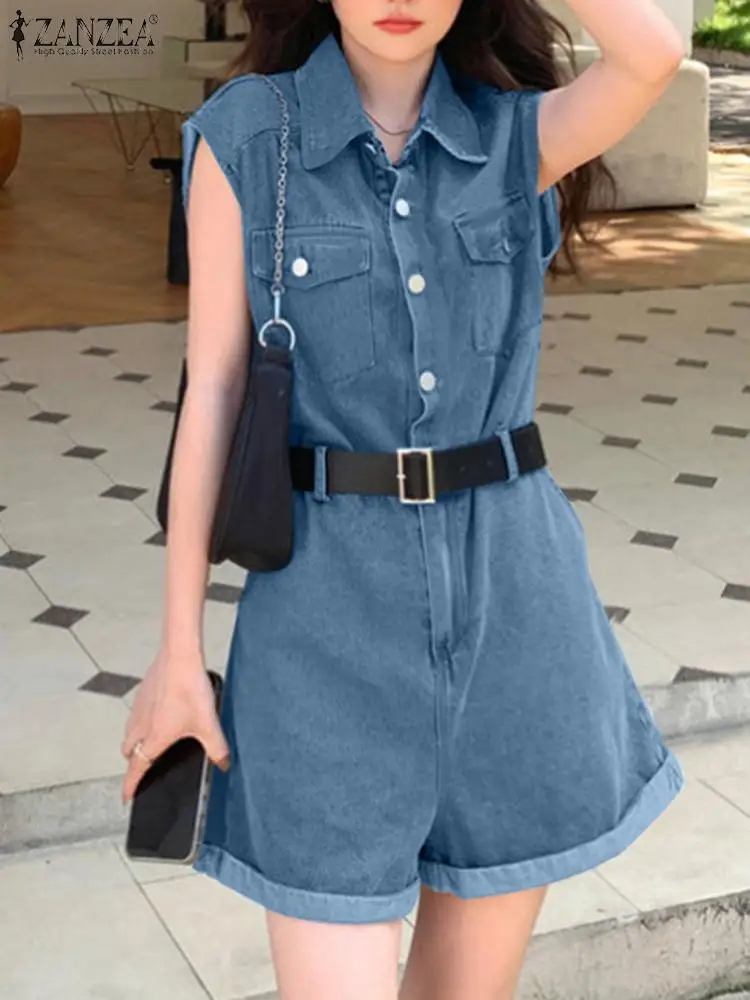 

ZANZEA Summer Vintage OL Playsuits Woman Fashion Street Jumpsuit Female Lapel Neck Sleeveless Rompers Work Solid Shorts Oversize