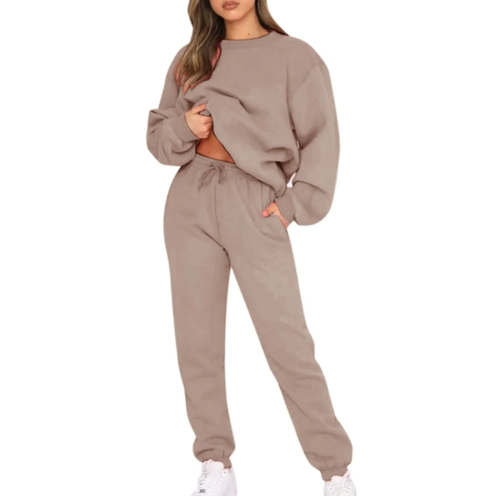 

Women'S Autumn And Winter Fashion Solid Color Oversized Long Sleeve Sets Casual Top And Pants 2 Piece Outfits Sweatsuit Simple