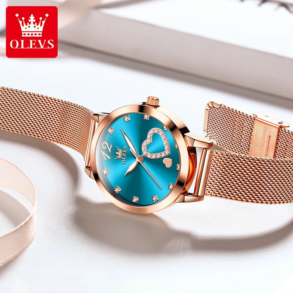 OLEVS Fashion Blue Dial Quartz Watch for Women Stainless Steel Rose Gold Mesh Strap Waterproof Womens Watches Top Brand Luxury