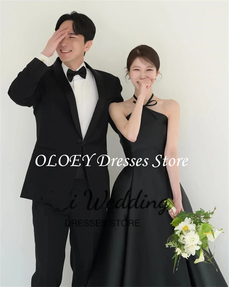 OLOEY Simple Halter Neck Black Korea Wedding Dresses Photos Shoot Customized Draped Satin Sleeveless Backless Bridal Party Gown 2