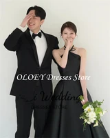 OLOEY Simple Halter Neck Black Korea Wedding Dresses Photos Shoot Customized Draped Satin Sleeveless Backless Bridal Party Gown 2