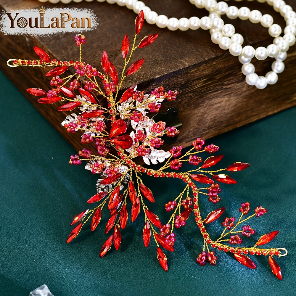 YouLaPan 트렌디 한 라인스톤 페르시 신부 꽃 머리 장식 레드 컬러 웨딩 머리띠 파티를위한 빈티지 헤어 액세서리 HP277