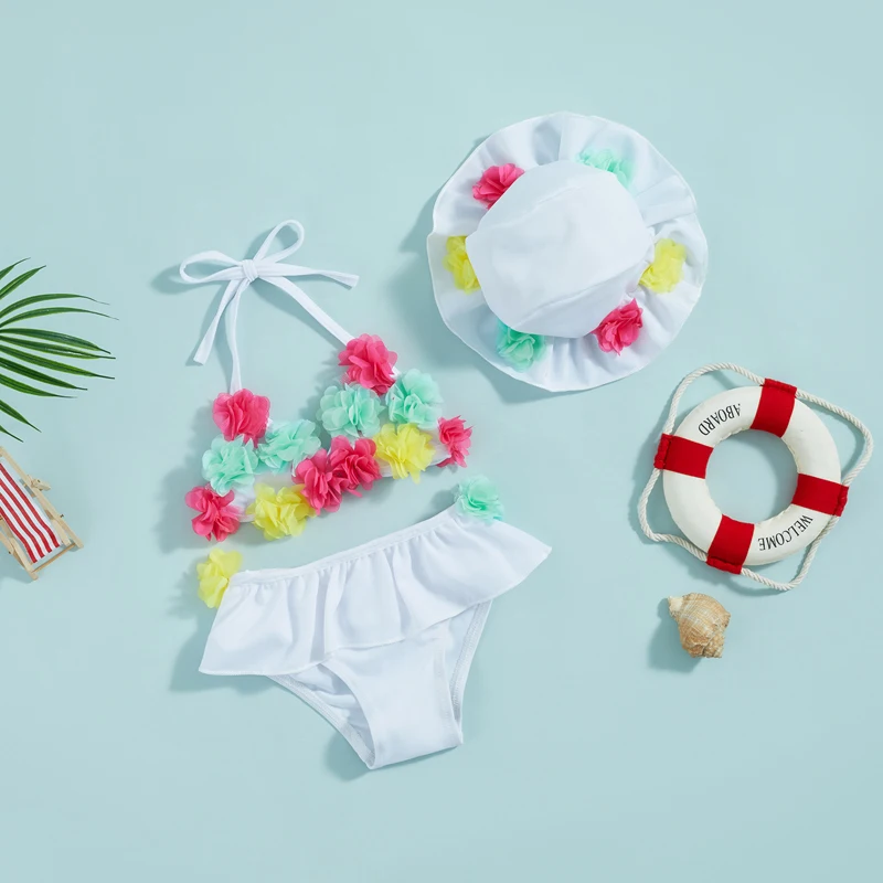 New 0-24 Months Infant Baby Girls 3 Pcs Swimsuits Flower Tie-Up Halter Neck Tanks Ruffles Shorts + Sun Hat Kids Bikini Set