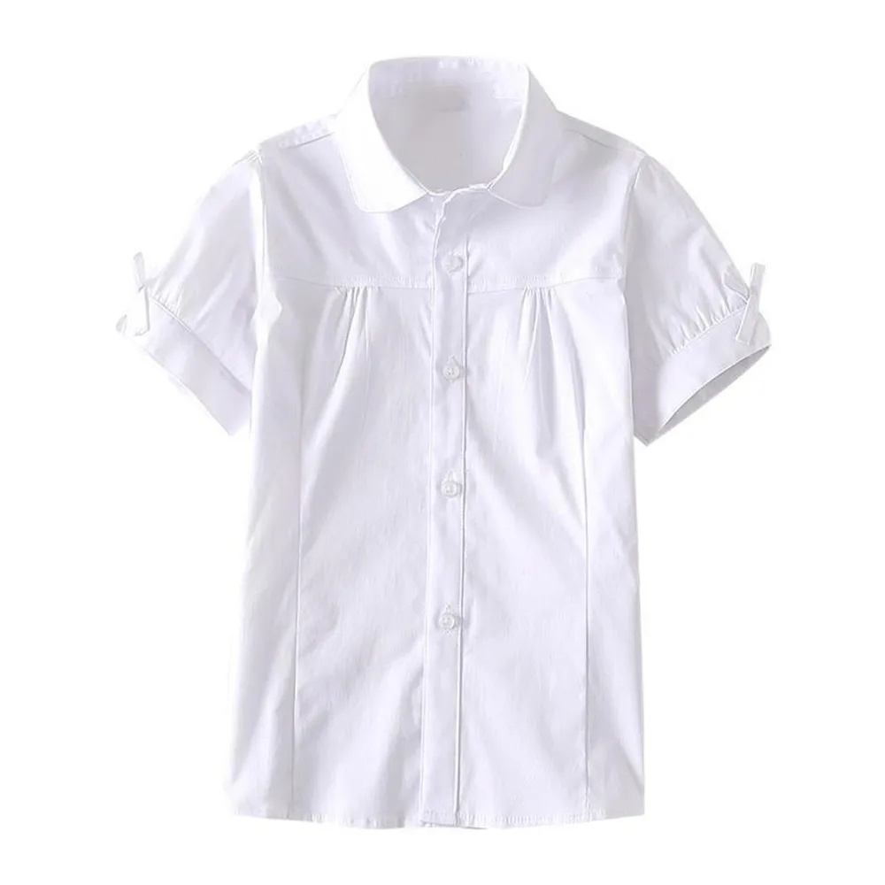 Summrt Autumn Teen Baby Girls Button Shirts Tops Turn-down Collar White Blouse Formal Wear Kids Cotton School Uniform A5962