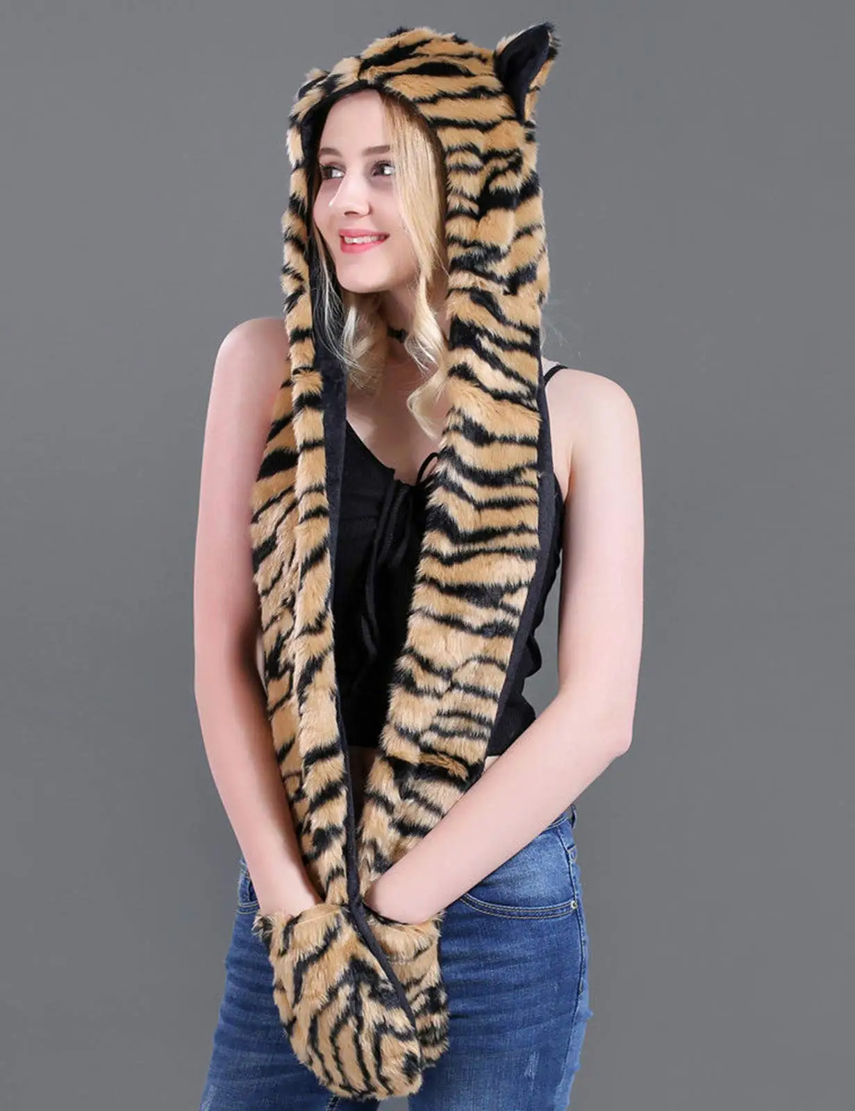 Tiger, Autumn and Winter Nnovelty Faux Fur Hoods Animal Hat Scarf Gloves 3 in1 Fleece Hooded Plush Warm Earmuff Party Caps