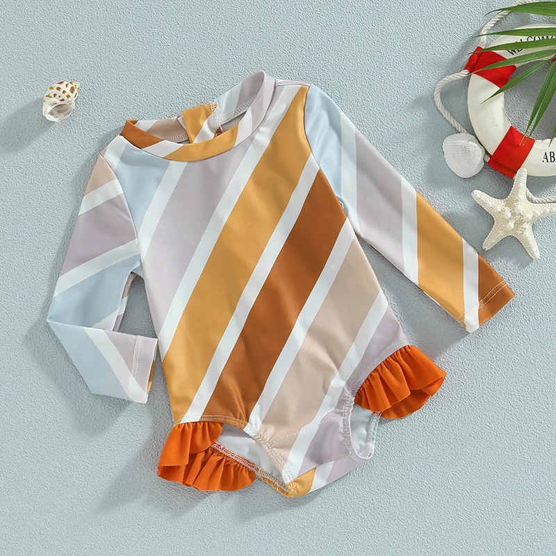 

EWODOS 1-5 Years Kids Baby Girls Casual Summer Swimwear Long Sleeve O Neck Ruffle Striped Bathing Suit Beachwear for Toddler Kid