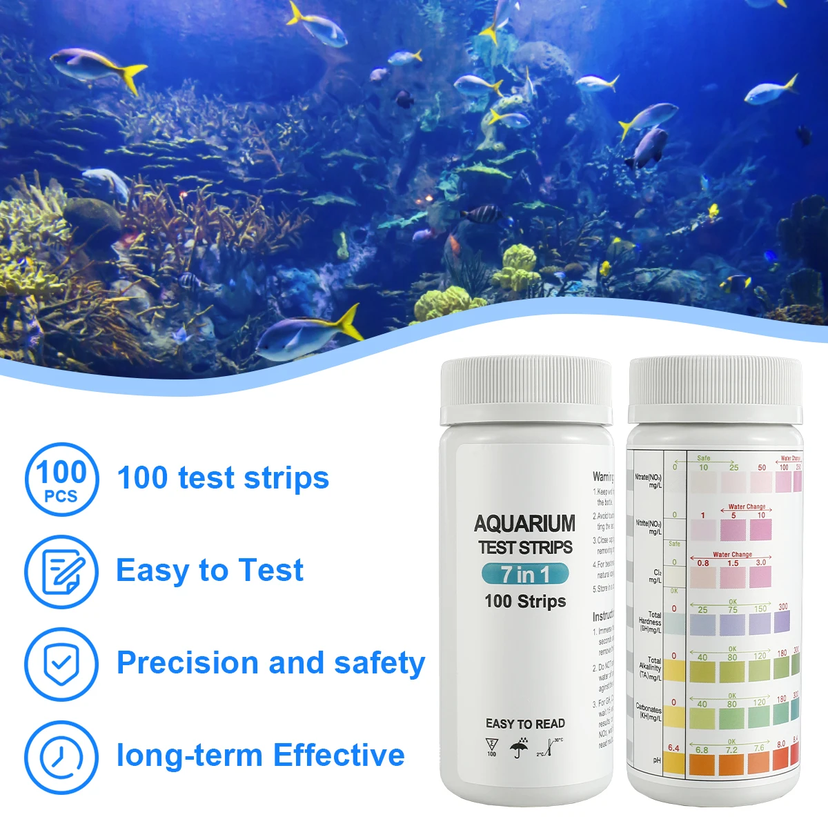 100pcs 7-IN-1 Aquarium Test Strips Fish Tank Test Kit Freshwater Saltwater Aquarium Water to Detect PH NO3 NO2 GH KH CI TCL