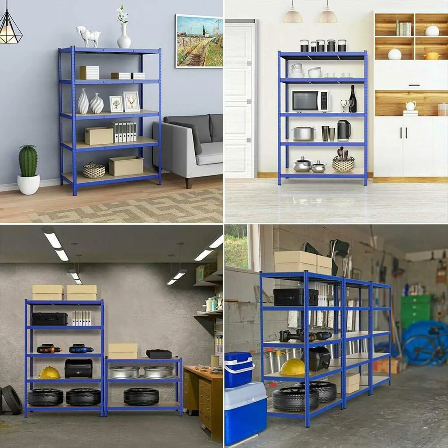 Blue five-tier metal storage shelf standing in an organized workspace