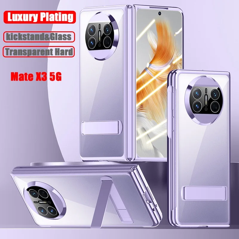 Electroplated Transparent Case for Huawei Mate X3 Ultra Thin Hybrid Hard Plastic Cover with Kickstand and Tempered Glass