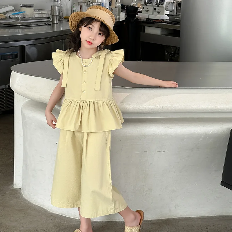 

Children Clothes Summer Small Flying Sleeve Bow Shirt + Loose Pants Costume for Girls Kids Clothing Sets Baby Girls Tracksuit