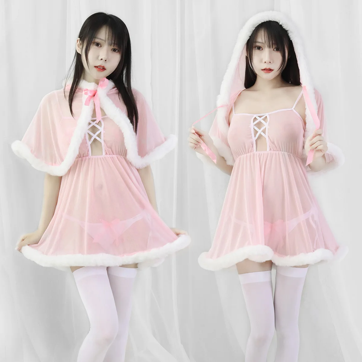 

Funny Transparent Plush Piping Dress Sexy Perspective Nightgown Pajama Shawl Role-playing Dress