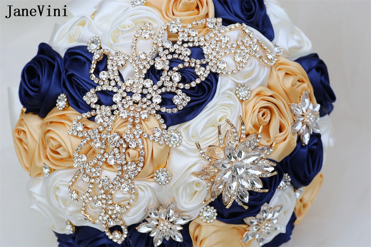 JaneVini Artificial Navy Blue Wedding Bouquets Ribbon Roses Luxury Gold Rhinestones Bridal Flower Bouquet for Wedding Decoration