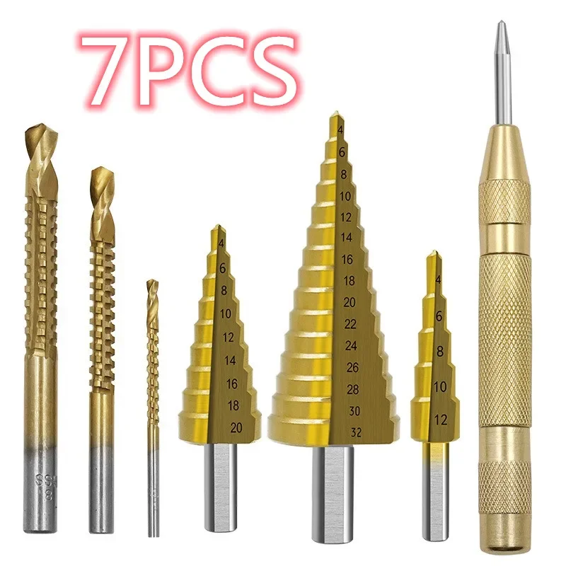 7PCs HSS  Step Drill Bit Set,Material: HSS,For Soft Metal/Thin Iron Sheet/Wood/Plastic,Stepped Drill For Metal