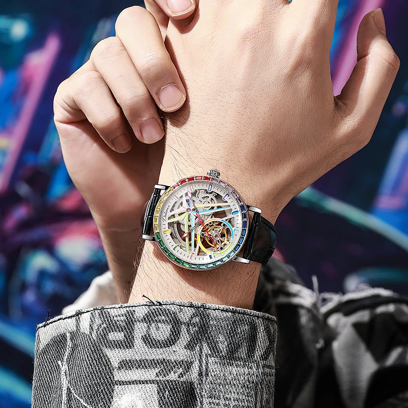 Business Automatic Hollow Men's Mechanical Watch Diamond-encrusted Color Dial Automatic Movement Man Sports Watch