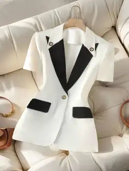 Women's White Black Contrast Blazer 2026 Short Sleeve Peak Lapel One Button Fitted Waist Office Blazer 1