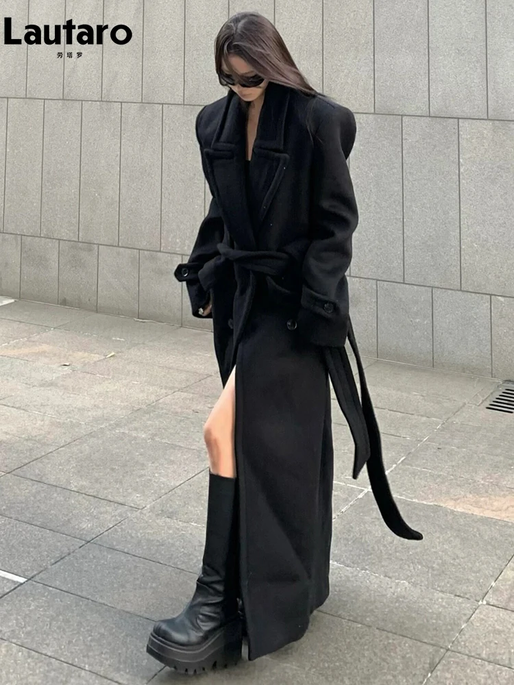 Lautaro Autumn Winter Extra Long Black Warm Wool & Blends Coat for Women Shoulder Pads Sashes Double Breasted Woolen Overcoat 2