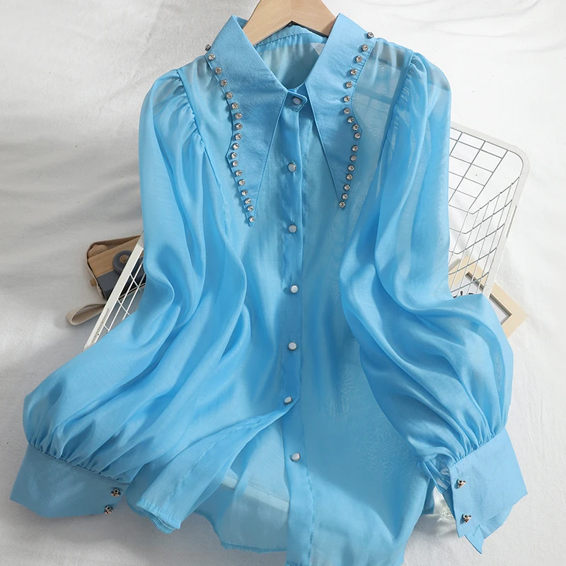 

Женская рубашка средней длины с отложным воротником, модная однобортная тонкая рубашка с длинным рукавом, лето 2022, однотонный кардиган с бусинами, Топ