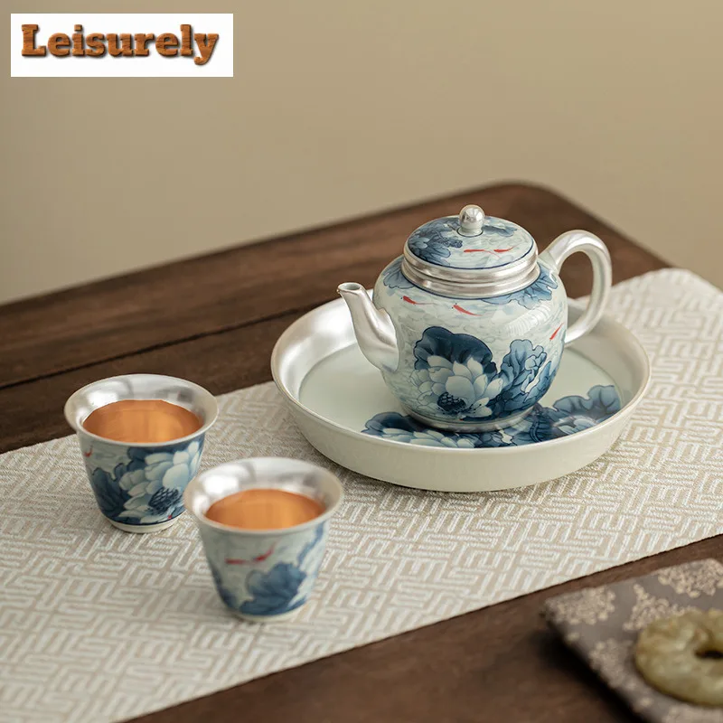 Gilded Silver Fish Playing Lotus Ceramic Tea Set Complete Set Ancient Tea Ceremony Set Teapot And Tea Cup Set Tea Items Gift Box