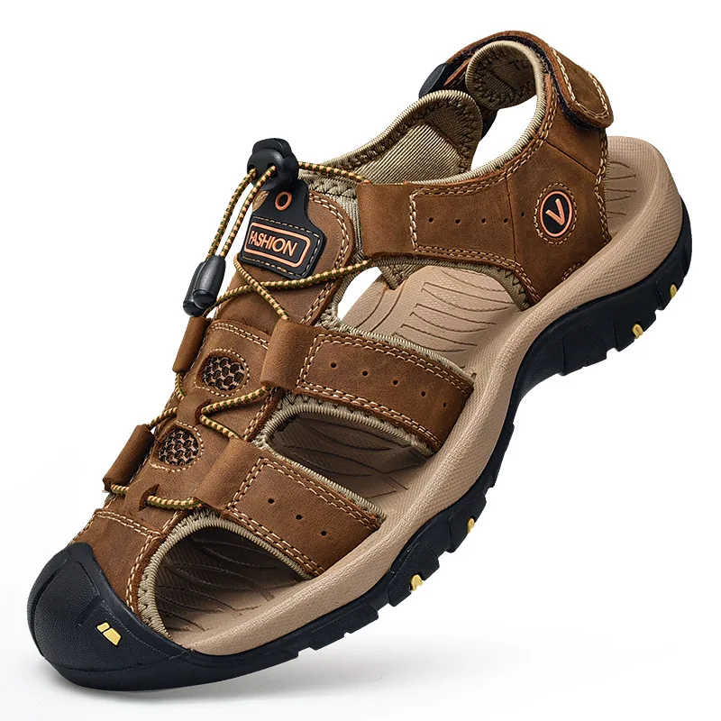 2026 New Men's Sandals Handmade Thick Bottom Rubber Breathable Casual Slip-On Beach Shoes Leather Upgraded Version 1