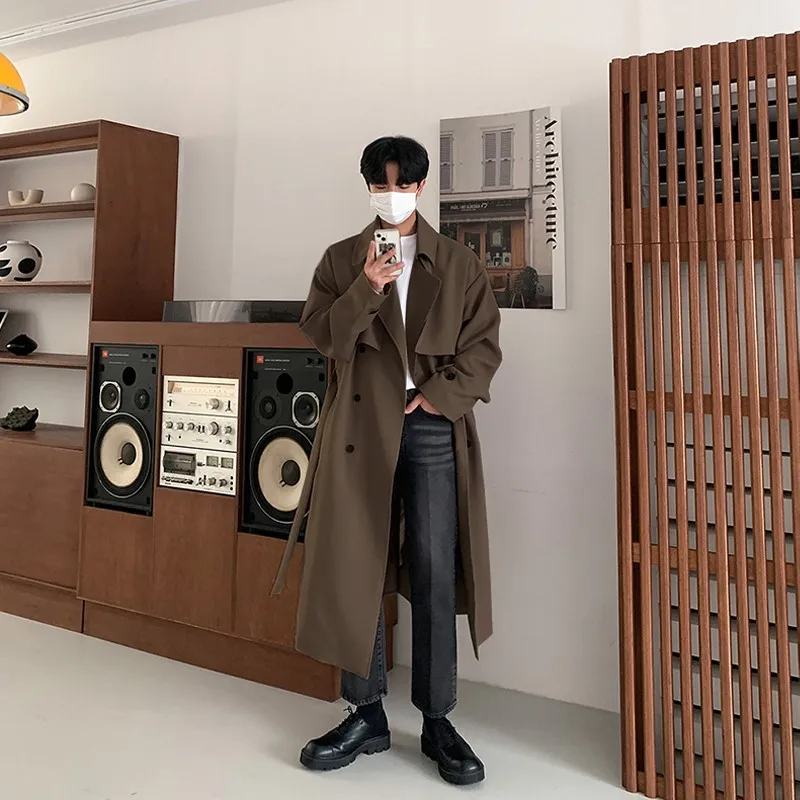 Men Trench Coat British Style Solid Double Breasted Oversize Leisure Long Windbreaker Korean Style