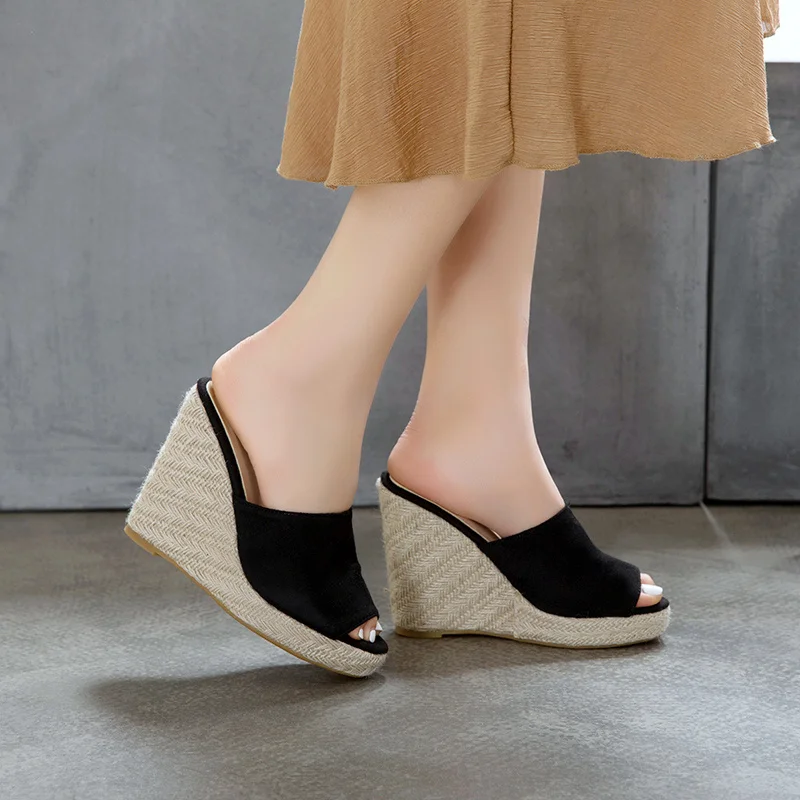Thick Bottom Platform Women Slippers Wedges Heels Mules Shoes Summer Sandals Open Toe High-heeled Wedge Shoes Ladies Large Size