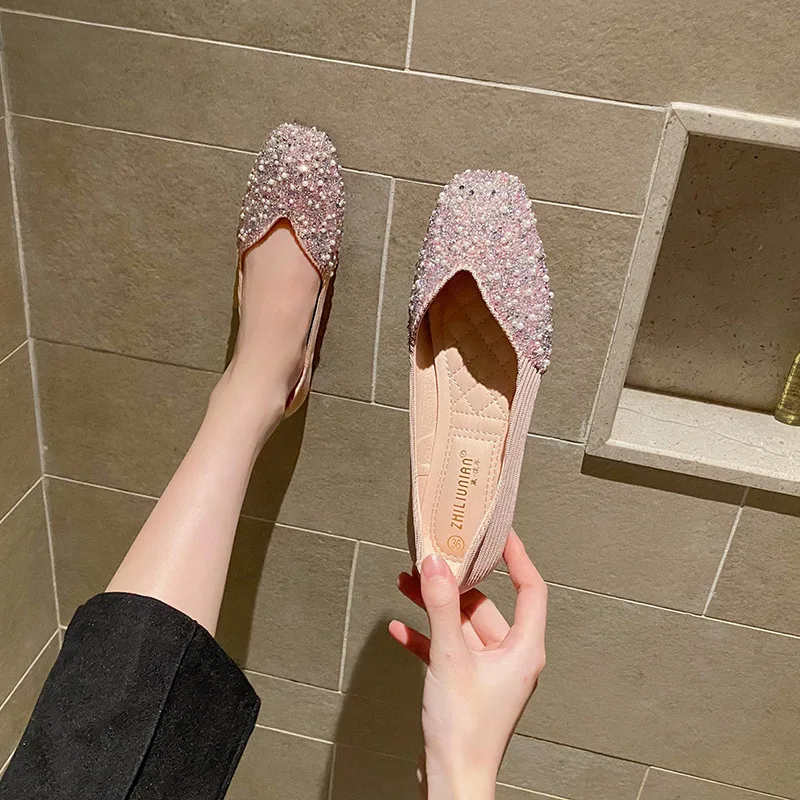 Women's Pearl Beaded Flats Shoes Spring Square Toe Loafers Female Shallow Slip On Mocasines Mujer Sequined Ballets Shoes Ladies