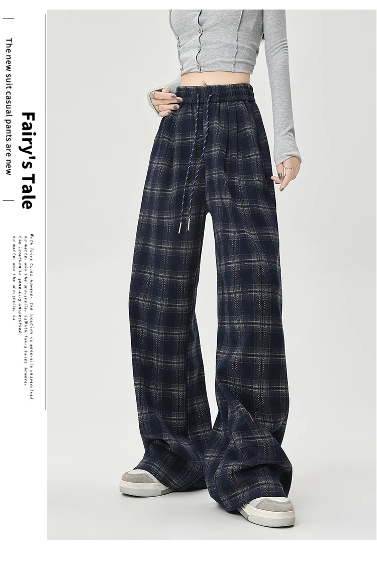 Winter Vintage Chic Kordelzug Lose Gerade Frauen Hosen Neue Plaid Kontrast Farbe Volle Länge Mode Weibliche Breite Bein Hosen – Detail 29