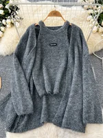 SINGREINY Fashion Solid Cashmere Sweater Long Sleeves Loose Warm Cardigan+Sleeveless Knitting Tank Top Winter Gentle Casual Tops - Image 2