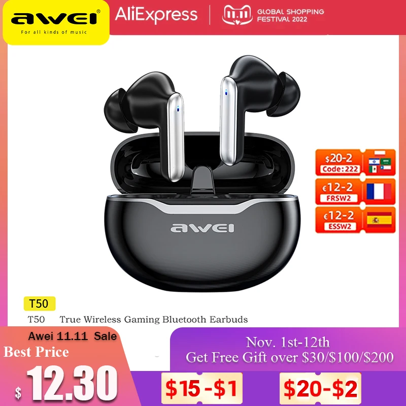 Awei T50 TWS Wireless Bluetooth Earphones Sport Earbuds With Mic 5.3 Headphones Headset Fone Bluetooth Type C Fast Charging - Топ-200 товаров с Али