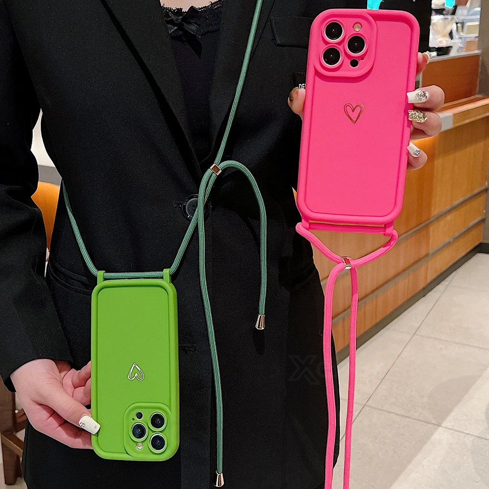 Crossbody Lanyard Strap Heart Thickened Silicone Case for iPhone 15 Pro Max 14 13 12 11 XR XS 7 8 Plus SE Soft Protection Cover 3