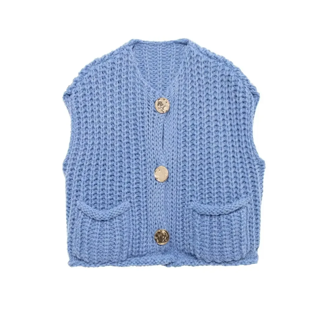 thumbnail image 1 of Chalecos tipo suéter de moda coreana para otoño para mujer, cuello en V, botones azules, bolsillos delanteros, sin mangas, tejido de cable, chaleco rojo, 1 of 5